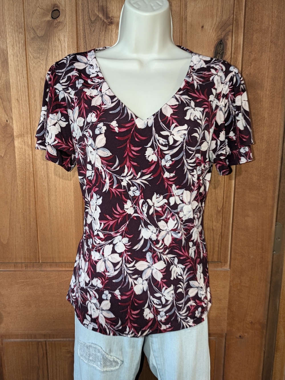 Calvin Klein Burgundy Floral V-Neck Blouse With Flutter Sleeves